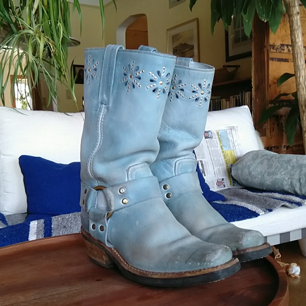 Frye harness boots, size 6, blue with stud details